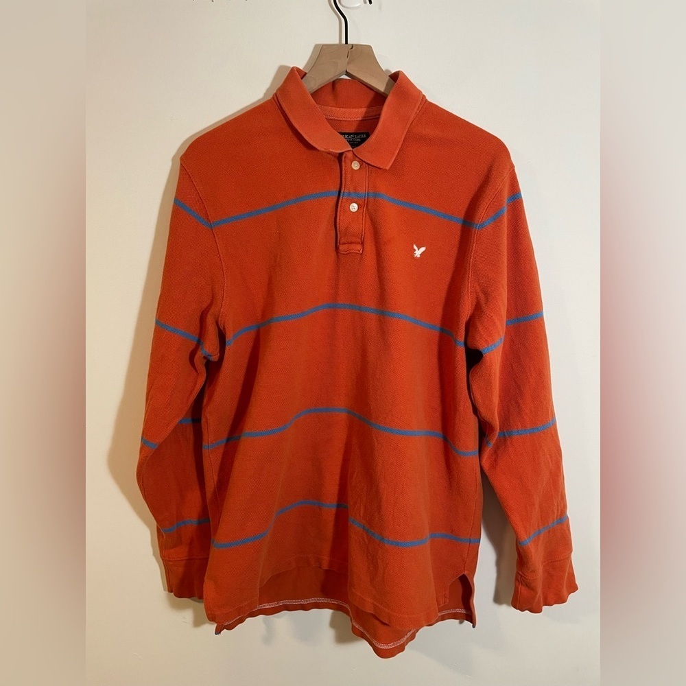 VTG American Eagle Long Sleeve Rugby Polo Orange Srtripe Y2K The Eagle Polo XL